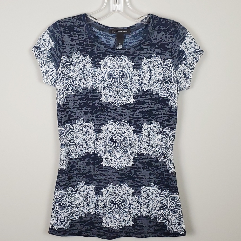 NWOT INC Navy Lace Print Top